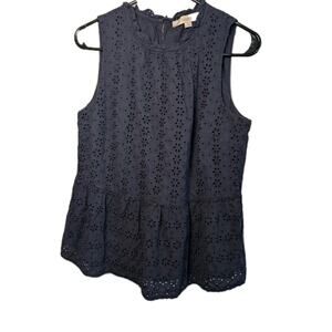 Christopher & Banks Tank Top Sleeveless Shirt Blue Eyelet Crochet Size Medium